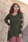 RENKTE BÜYÜK BEDEN FİLE DETAY HAKİ YEŞİL TRİKO BLUZ