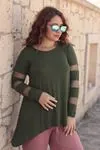 RENKTE BÜYÜK BEDEN FİLE DETAY HAKİ YEŞİL TRİKO BLUZ