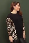 RENKTE BÜYÜK BEDEN SİYAH LEOPAR ASİMETRİK BLUZ