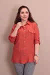 RENKTE BÜYÜK BEDEN CEPLİ KİREMİT KETEN BLUZ