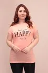 RENKTE İNCE PAMUKLU HAPPY YAZILI SOMON T-SHİRT