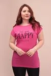 RENKTE İNCE PAMUKLU HAPPY YAZILI PEMBE T-SHİRT