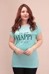 RENKTE İNCE PAMUKLU HAPPY YAZILI MİNT T-SHİRT