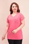 RENKTE KOLLARI YIRTIK CEBİ KUŞ GÖZÜ PEMBE BLUZ