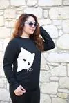 RENKTE KEDİ BASKILI SİYAH SWEAT
