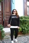 RENKTE KAPŞONLU İÇTEN ÇIKMA YAZILI SİYAH SWEAT