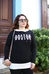RENKTE KAPŞONLU İÇTEN ÇIKMA YAZILI SİYAH SWEAT