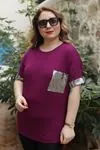RENKTE KOL UCU VE CEBİ AYNA GARNİLİ MOR BLUZ