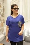 RENKTE BASKILI LEOPAR CEPLİ SAKS MAVİ BLUZ