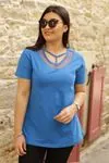 RENKTE YAKASI BİYELİ TÜL GARNİLİ SAKS MAVİ BLUZ