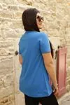 RENKTE YAKASI BİYELİ TÜL GARNİLİ SAKS MAVİ BLUZ