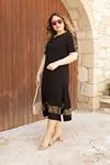 RENKTE OMZU VE ETEĞİ LEOPAR GARNİLİ SİYAH ELBİSE