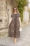 RENKTE GİZLİ CEPLİ LEOPAR DESENLİ UZUN ELBİSE