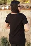 RENKTE YAKASI DERİ LAZERLİ SİYAH BLUZ