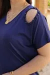 RENKTE TEK OMUZ İNCİLİ LACİVERT BLUZ