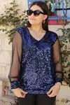RENKTE TÜL VE PUL PAYETLİ TASARIM BLUZ