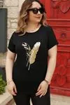 RENKTE PULLU YAPRAK DESENLİ SİYAH BLUZ