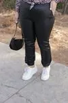 RENKTE LASTİKLİ JOGGER SİYAH DERİ PANTOLON