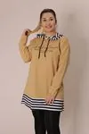 RENKTE ETEĞİ ÇİZGİLİ KAPŞONLU KAHVE SWEAT