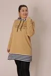 RENKTE ETEĞİ ÇİZGİLİ KAPŞONLU KAHVE SWEAT
