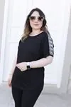 RENKTE OMUZLARI SİMLİ LAZER KESİM SİYAH BLUZ