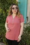 RENKTE FERMUARLI ESNEK PUDRA PEMBE BLUZ