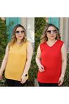 RENKTE KALIN ASKILI KIRMIZI&HARDAL İKİLİ BLUZ