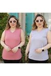 RENKTE KALIN ASKILI PUDRA&GRİ İKİLİ BLUZ