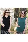 RENKTE KALIN ASKILI SİYAH&YEŞİL İKİLİ BLUZ