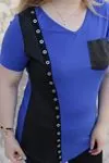 RENKTE DERİ VE KUŞ GÖZÜ DETAYLI SAKS BLUZ