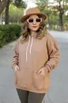 RENKTE CEPLİ GENİŞ KESİM ÜÇ İPLİK ŞARDONLU KAHVE SWEAT
