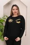 RENKTE GENİŞ KESİM GÖZ DESENLİ SİYAH BLUZ