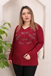 RENKTE GENİŞ KESİM YUSUFCUK TAŞ İŞLEMELİ BORDO BLUZ