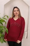 RENKTE GENİŞ KESİM ÖZEL TAŞ YAZILI BORDO BLUZ