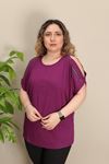 RENKTE OMUZ DEKOLTELİ TAŞLI MOR BLUZ