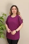 RENKTE OMUZ DEKOLTELİ TAŞLI MOR BLUZ