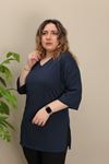 RENKTE YAN YIRTMAÇLI DUBLE KOL V YAKA LACİVERT TSHİRT