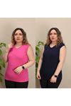 RENKTE KALIN ASKILI LACİVERT&FUŞYA İKİLİ BLUZ