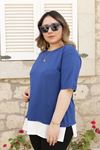 RENKTE GENİŞ KESİM ETEĞİ BEYAZ GARNİLİ LACİVERT TSHİRT