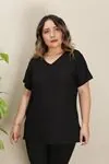 RENKTE V YAKA YIRTMAÇLI DOKULU SİYAH BLUZ