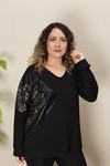 RENKTE LEOPAR VE DERİ GARNİLİ TASARIM SİYAH BLUZ