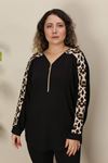 RENKTE OMUZLARI LEOPAR GARNİLİ FERMUARLI SİYAH BLUZ