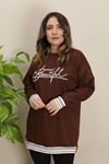 RENKTE KOL VE ETEK UCU ŞERİTLİ GENİŞ KESİM KAHVERENGİ SWEAT & TUNİK
