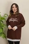 RENKTE KOL VE ETEK UCU ŞERİTLİ GENİŞ KESİM KAHVERENGİ SWEAT & TUNİK