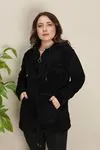 RENKTE BÜYÜK BEDEN KANGURU CEPLİ SİYAH PELUŞ CEKET