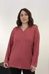 RENKTE V YAKALI UZUN KOL PUDRA PEMBE BLUZ