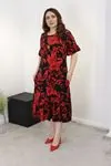 RENKTE CEPLİ BÜYÜK BEDEN DESENLİ VOLANLI ELBİSE