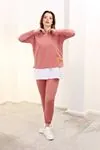 RENKTE GENİŞ KESİM BEYAZ DETAYLI PUDRA PEMBE TAKIM