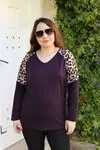 RENKTE KOLLARI LEOPAR DESEN KOYU MOR BLUZ