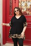 RENKTE BÜYÜK BEDEN LEOPAR KOMBİNLİ SİYAH BLUZ